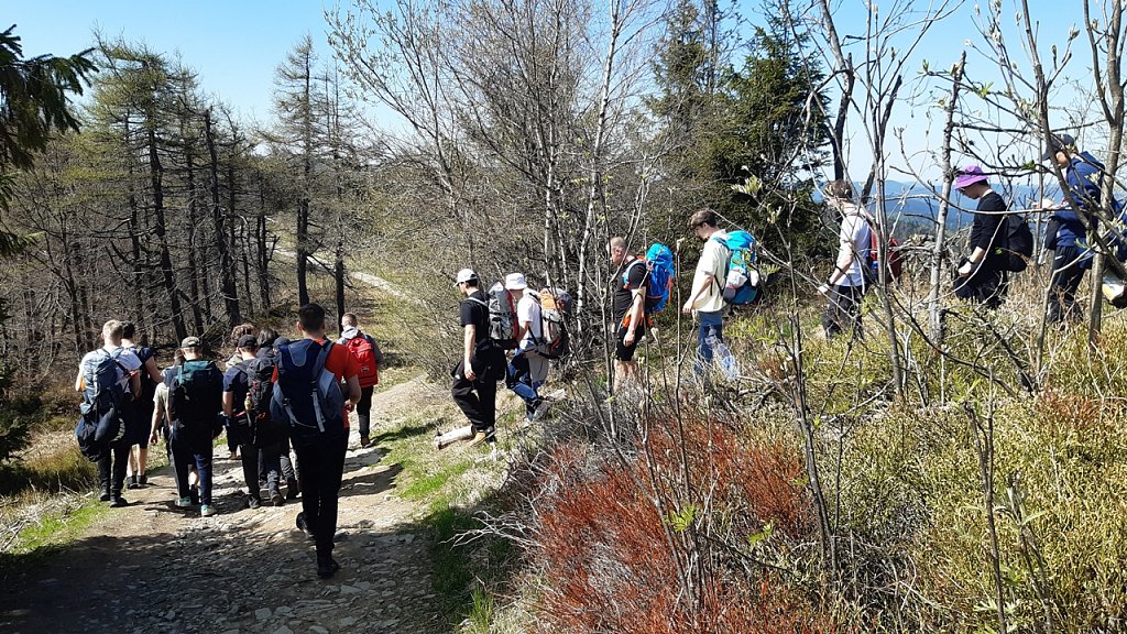 Uczniowie z plecakami wchodzą na polna drogę