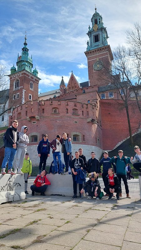 Uczniowie stoją u podnóża Wawelu. Nad nimi górują dwie wieże z miedzianymi hełmami. 